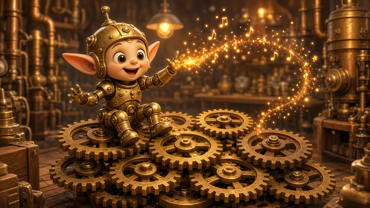 Machine elf on brass gears in a warm workshop